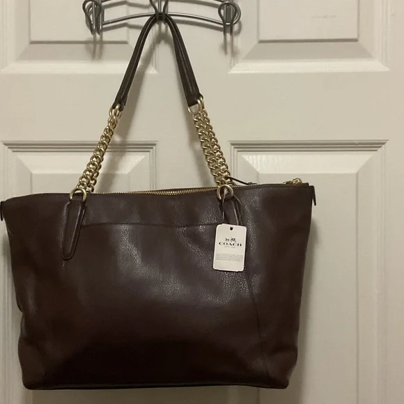 Coach Pebble Leather Tote with Gold Chains in Oxblood - Picture 6 of 13